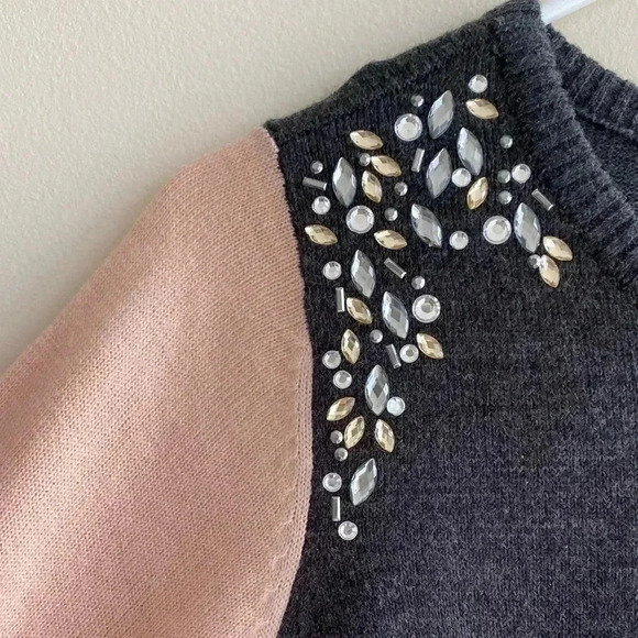 By & By Pink & Gray Rhinestone Sweater Dress with Quarter-Length Sleeves, Size M - Picture 2 of 14